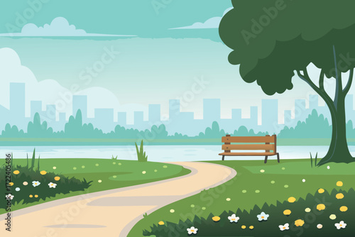 A peaceful park scene with a river cityscape and walking path