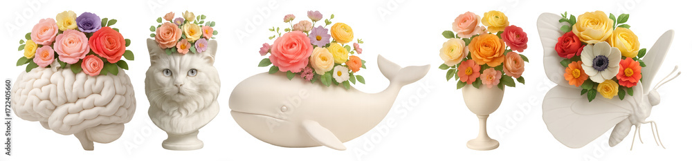 Obraz premium PNG Creative floral animal sculptures, element set on transparent background