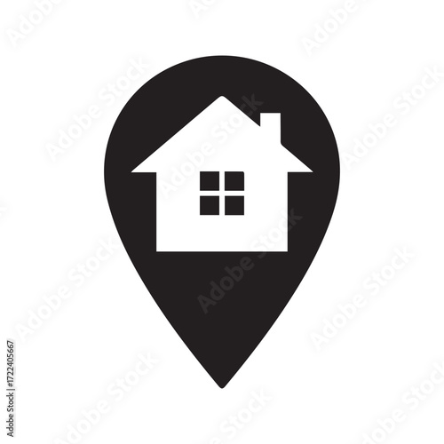 Home location icon, simple house inside a map pin symbol. Real estate property address marker, GPS destination pointer vector logo.

