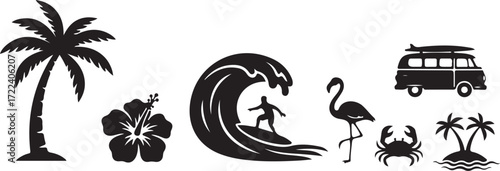 Island Life Silhouettes: Tropical silhouettes evoke the spirit of vacation, featuring a surfing wave, flamingo, crab, beach, palm tree, hibiscus, and retro van, embodying relaxation and escape.