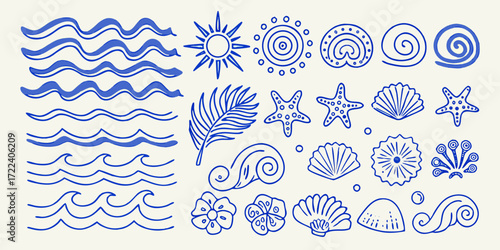 Collection of hand drawn blue ocean waves seashells starfish sun and palm leaf elements on a light background