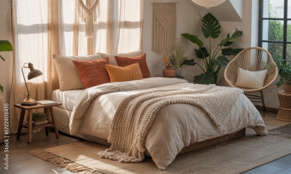 Naklejka premium Cozy bedroom with natural tones, sunlit
