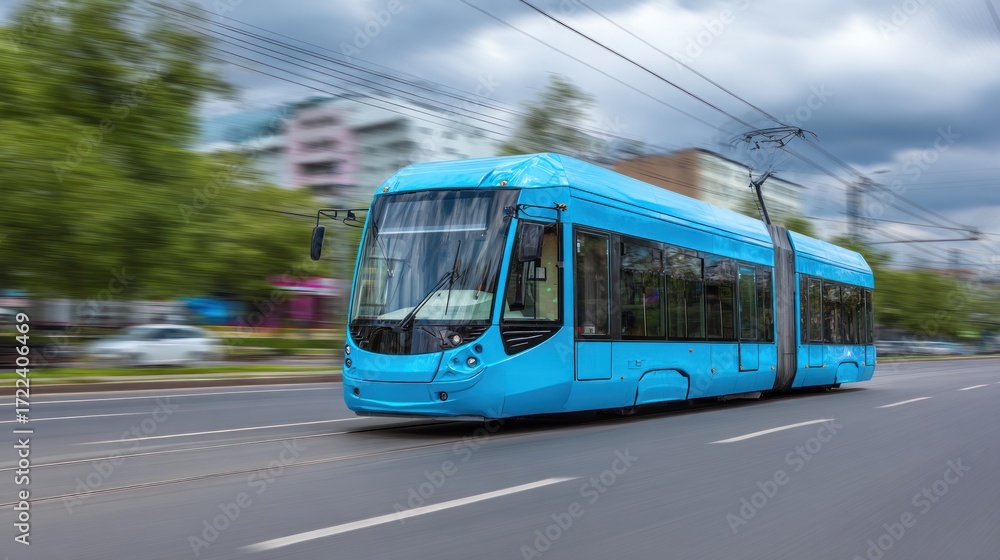 Naklejka premium A blue electric tram on a city street with green trees and buildings in the background.