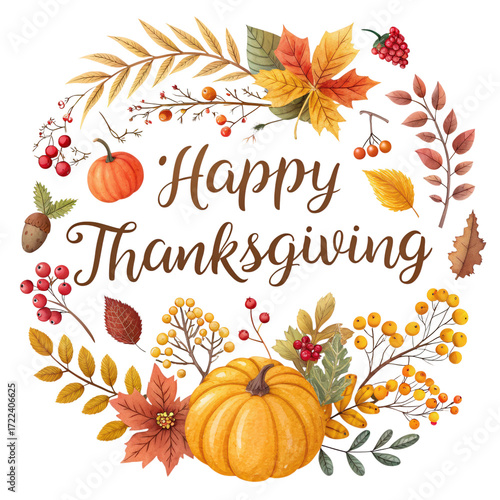 Happy Thanksgiving Typography with Pumpkins, Autumn Leaves, and Festive Decoration
