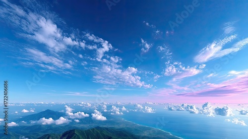 Panoramic Sky View with Cumulus Clouds Blue Gradient Sky and Distant Mountain Landscape