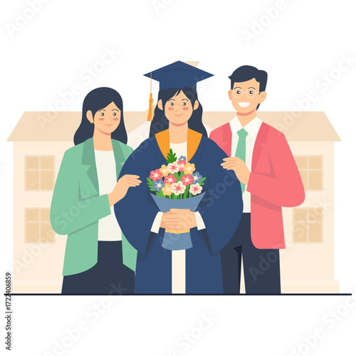 Graduation with parents and bouquet
