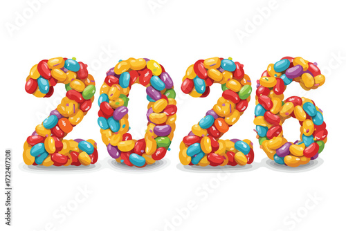 Vibrantly colored jelly beans, forming the number 2026, on a clean, solid white background