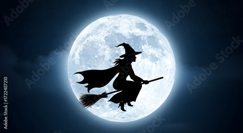 Silhouette of a witch flying on a broomstick in front of a full moon on a dark night sky background
