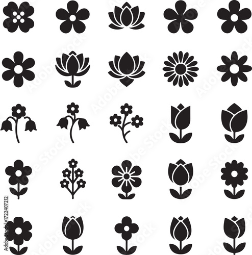 Floral Symphony: A comprehensive illustration showcases a captivating collection of diverse floral icons, each a unique testament to nature's beauty.