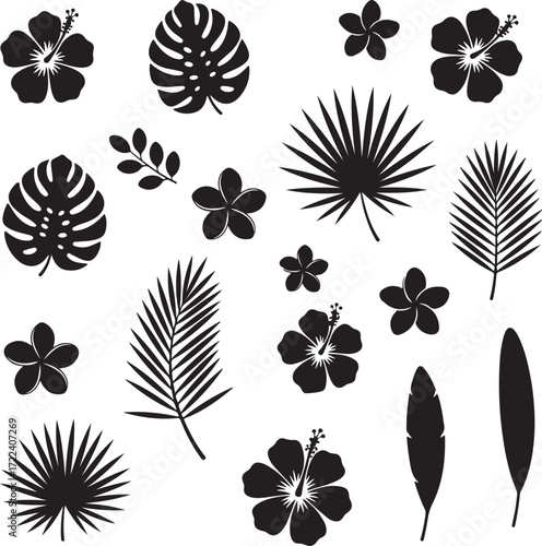 Tropical Paradise Silhouette Set: A set of elegantly designed silhouettes of tropical flowers and lush foliage, ready to infuse your project with a sense of tropical escape.