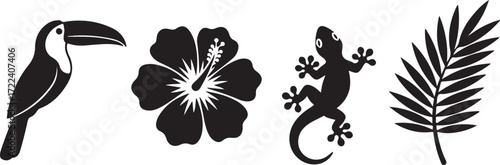 Tropical Silhouettes: Captivating collection of tropical flora and fauna, featuring a toucan, hibiscus flower, lizard and leaf in a striking black and white silhouette.