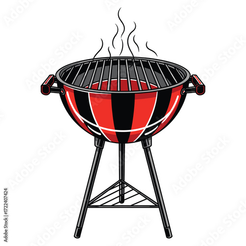 Vector Illustration of a Modern Charcoal Grill with Steam in Red Black and Gray Colors in Minimalist Style