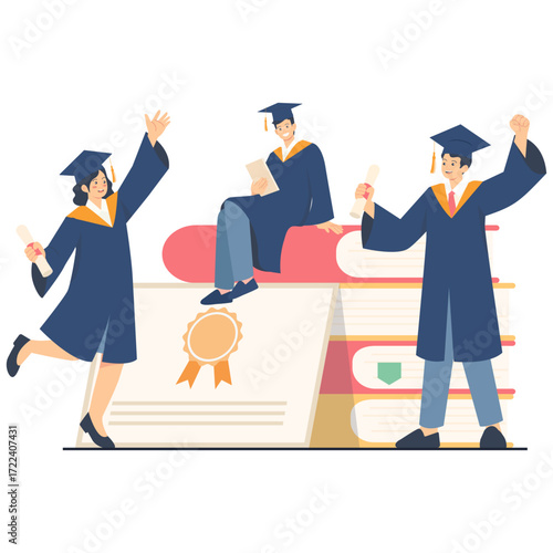Grads in caps and gowns hold diplomas