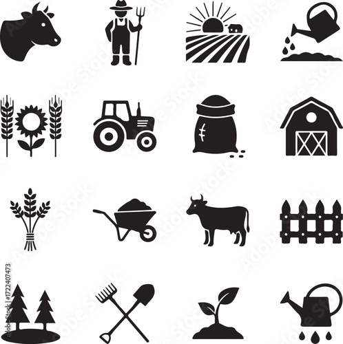 Farming Icon Collection: A diverse array of vector icons representing the core elements of agriculture. The icons feature key agricultural symbols like livestock, machinery, and crops.