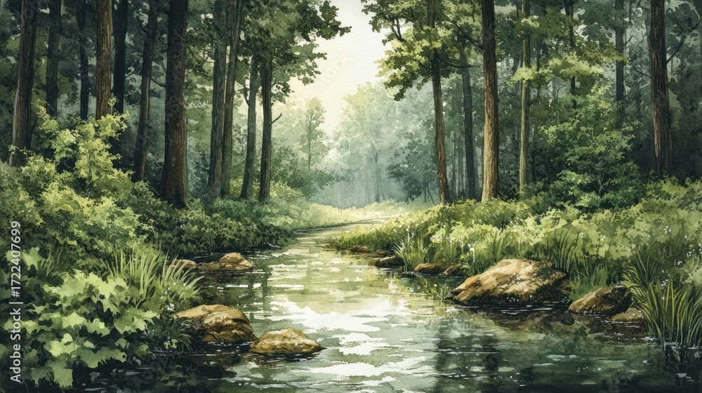 Obraz premium Tranquil forest stream, lush greenery, sunlight filtering. Use Nature background, wallpaper