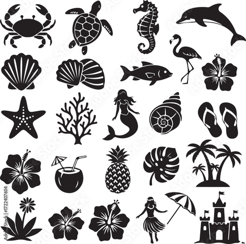 Oceanic Summer Silhouettes: A collection of meticulously crafted, high-contrast illustrations of marine life, tropical elements, and vacation icons, perfect for enhancing your graphic design projects.