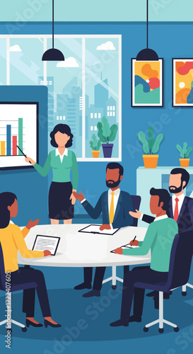 Business professionals collaborate in a modern office meeting, presenting data on a screen and discussing strategies around a conference table
