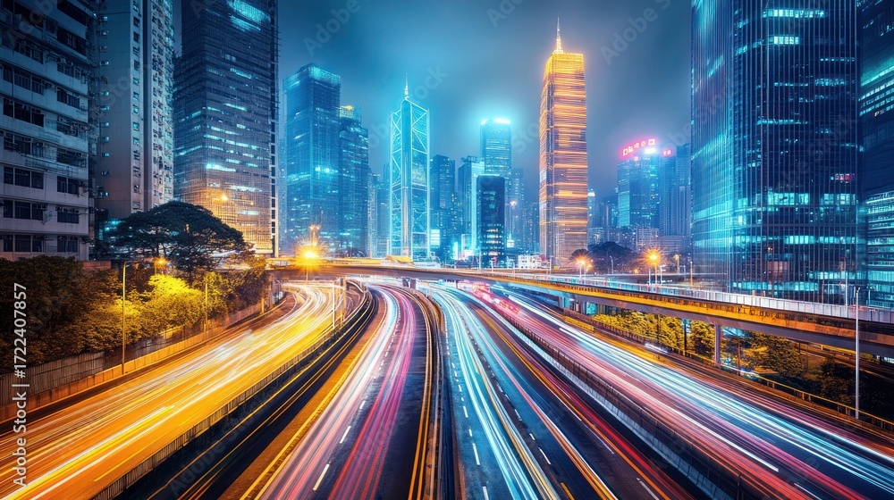 Fototapeta premium Night city highway, lights trails, skyscrapers, busy urban scene, stock photo