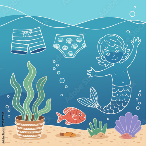 whimsical undersea clothesline single-line design with striped trunks shell-pattern briefs smiling fish and mer-child waving fins charming nautical kids illustration
