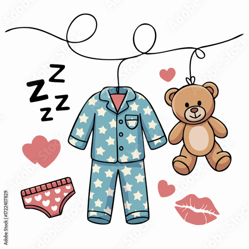 soothing bedtime clothesline single-line illustration with star pajamas teddy bear hanging zzz trails and heart accents perfect for sleepwear packaging and nursery prints