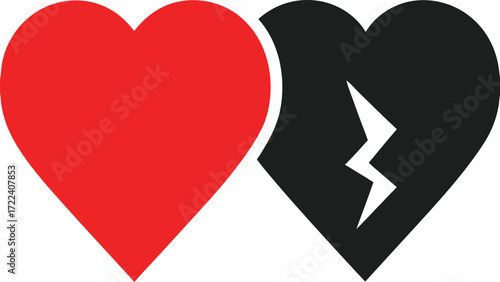 A visual representation of a broken heart and a whole red heart