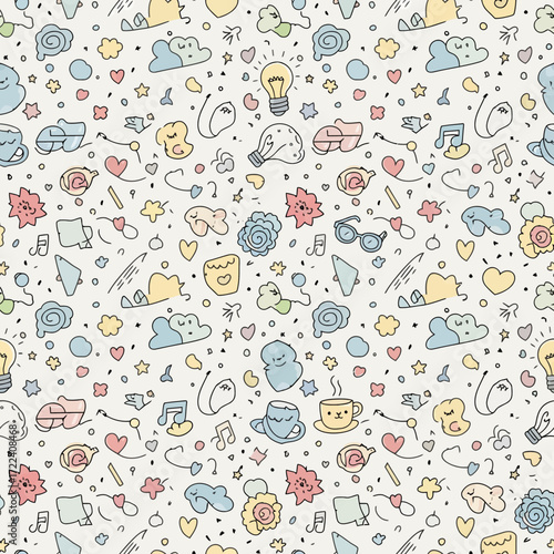 Whimsical Doodle Pattern Featuring Adorable Icons of Creativity and Comfort