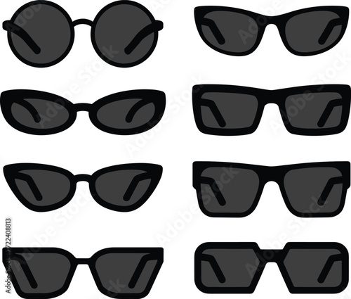 Collection of stylish sunglasses vector set, modern eyewear icons, round, square, cat eye, rectangle, fashion accessories, black silhouette illustration.