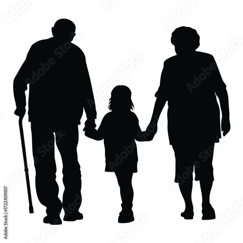 Grandparents and grandchild walking together silhouetted against a white background