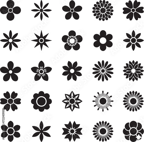 Floral Symphony: A collection of intricate flower silhouettes, a black and white composition showcases a symphony of floral designs, each unique in shape and pattern.