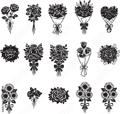 Floral Fantasia: A collection of stylized, monochrome floral bouquets, each a unique arrangement showcasing diverse flowers.