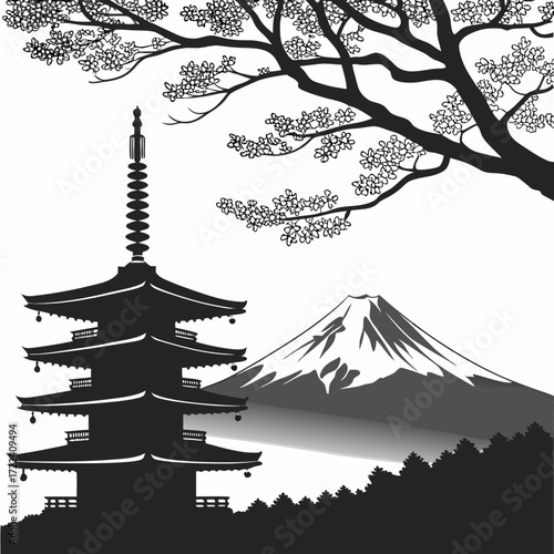 "Mount Fuji silhouette art Japan iconic mountain skyline poster, sacred volcano world landmark illustration, black and white minimalist travel wall decor for cultural heritage and nature lovers"