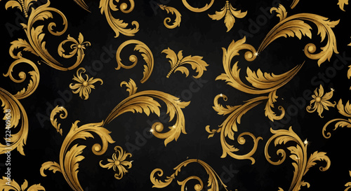 Opulent golden baroque scrollwork and intricate floral patterns create a luxurious seamless design on a deep black background, perfect for elegant decorative aesthetics