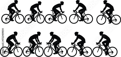 Cyclist silhouette collection, multiple bike rider positions, professional cycling vector illustration, sports training artwork, racing athlete graphic, exercise motion design, fitness art