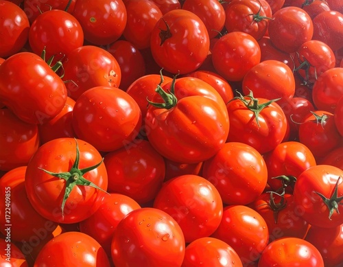 A vibrant cluster of ripe red tomatoes, densely packed with some green stems visible, bathed in warm sunlight with subtle water droplets