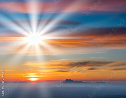 A breathtaking sunset casting vibrant colors over distant mountains.