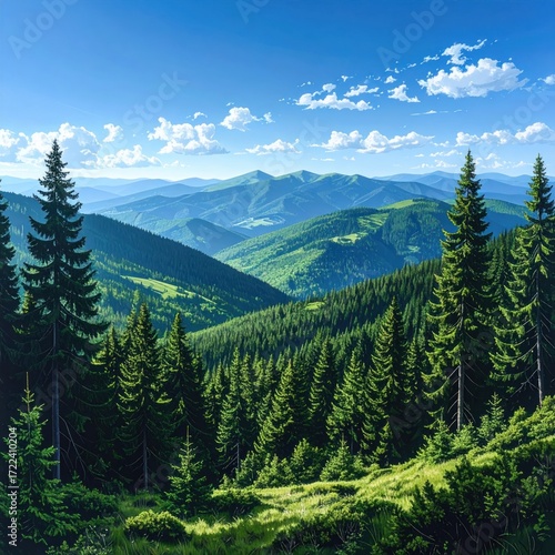 Lush green hills roll out to a hazy blue mountain range under a bright blue sky with puffy white clouds