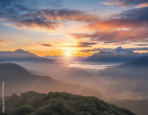 Breathtaking sunset over misty mountains, showcasing vibrant hues and serene landscapes.