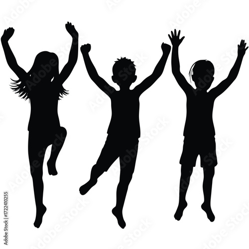 Joyful children silhouettes jumping and celebrating with arms raised high