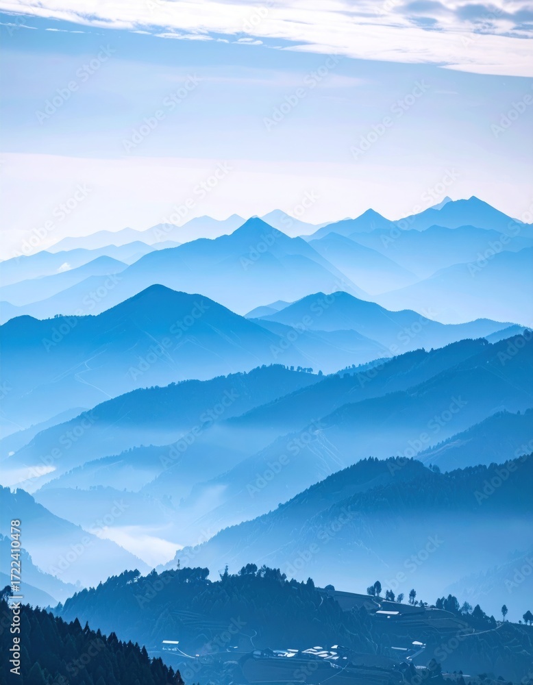 Obraz premium Serene blue layered mountain range vista, fading into the distance with soft, hazy light and a few sparse trees at the foreground