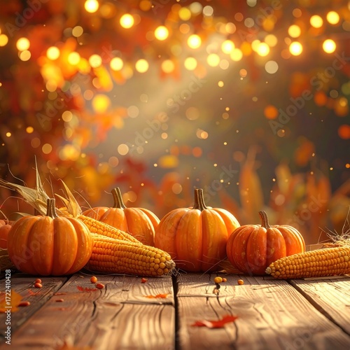 Autumnal still life features pumpkins & corn on a weathered wooden surface, bathed in warm bokeh lights against a blurry foliage backdrop
