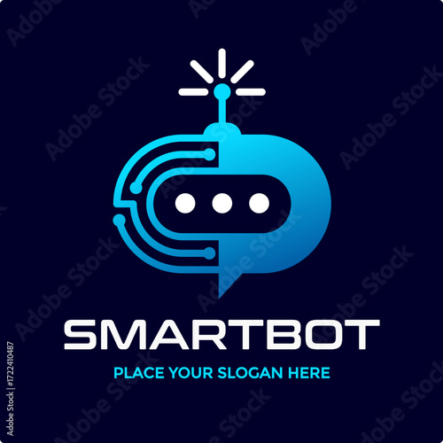 Futuristic logo of a robot with a speech bubble, representing smart technology, artificial intelligence, and communication. Excellent for tech companies, software developers, or AI-related businesses.