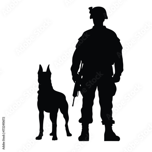 Silhouette of a soldier with a working dog standing guard