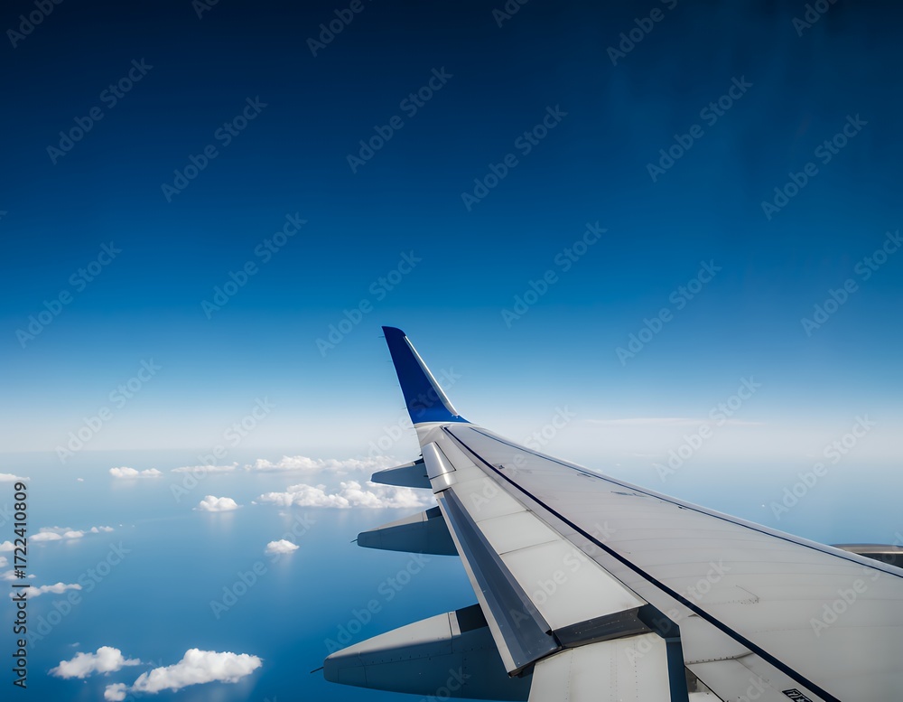 Fototapeta premium Airplane wing against a clear blue sky and ocean view, creating a serene travel atmosphere.