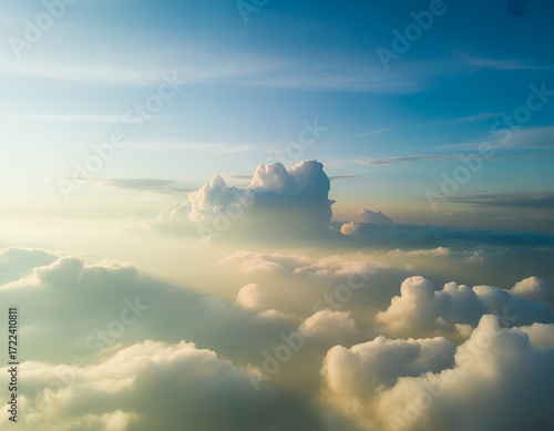 Majestic clouds drift under a serene blue sky at golden hour.