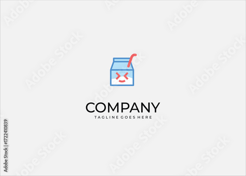 Cute milk carton mascot logo design playful funny kawaii drink character happy smile red straw blue outline modern cartoon.