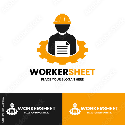 Strong logo with a construction worker holding a sheet of paper inside a gear, representing professional labor and documentation. Perfect for construction, engineering, or industrial businesses.