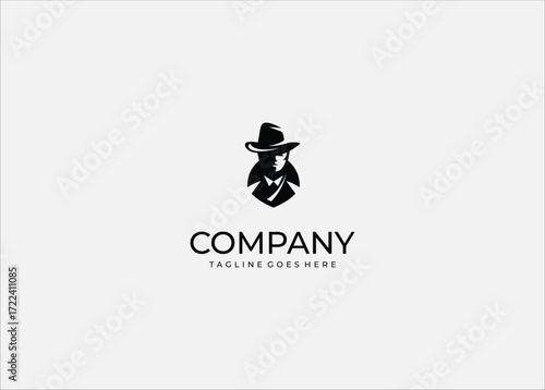 Detective logo design secret agent mysterious silhouette spy character private investigator shadow icon noir style security branding concept.