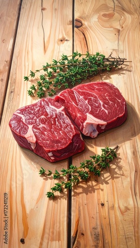 Two pieces of raw red meat lie with sprigs of green thyme on a light brown wooden surface with warm, directional lighting