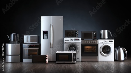 A collection of household appliances on a dark wooden floor.