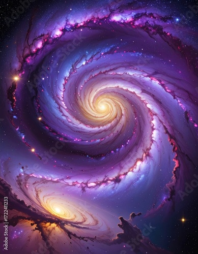 Ethereal spiral galaxy art featuring swirling purple and white nebula clouds around a bright central golden orb in dark vastness